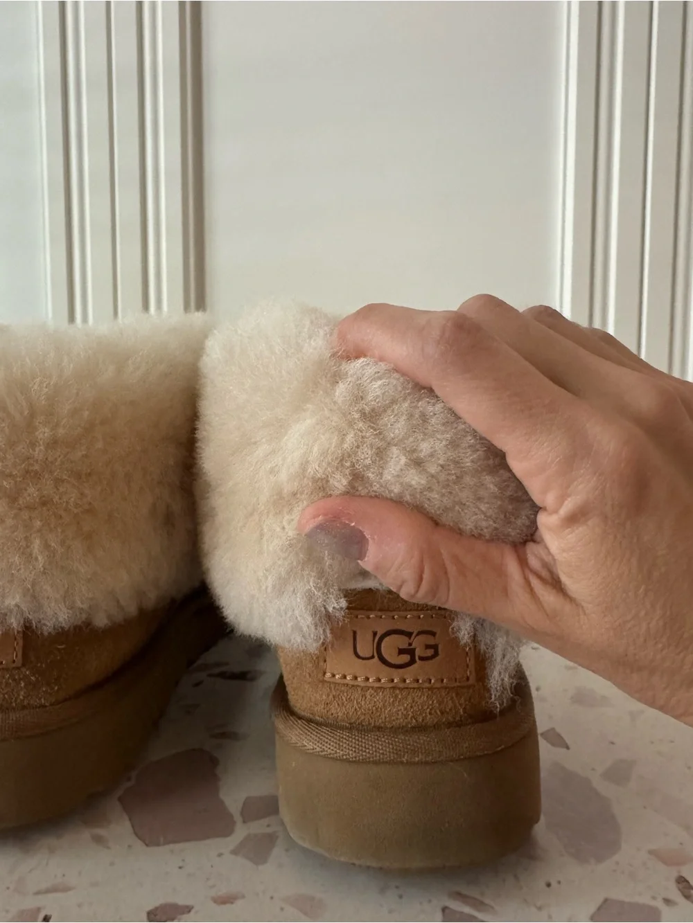 UGG Chestnut Suede Shearling Cuff Booties with Cream Collar